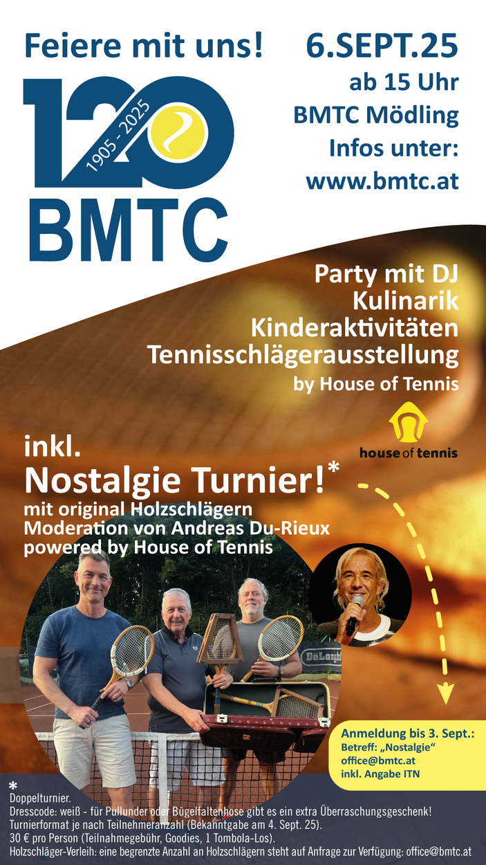 120 Jahre BMTC Mödling – Jubiläumsfeier am 6. September 2025 - Jetzt anmelden!
